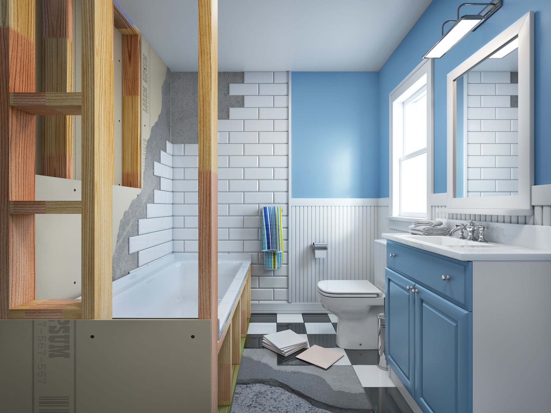 Bathroom repair with flooring, tile installing and bath installation